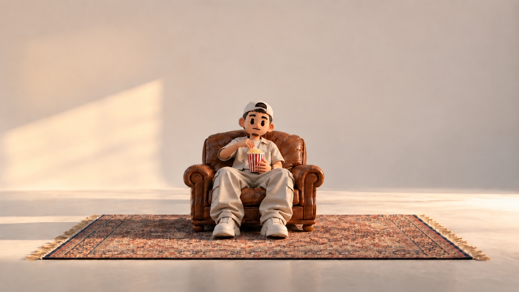 Personaje White Crispy sentado en un sillón de cuero, comiendo crispetas